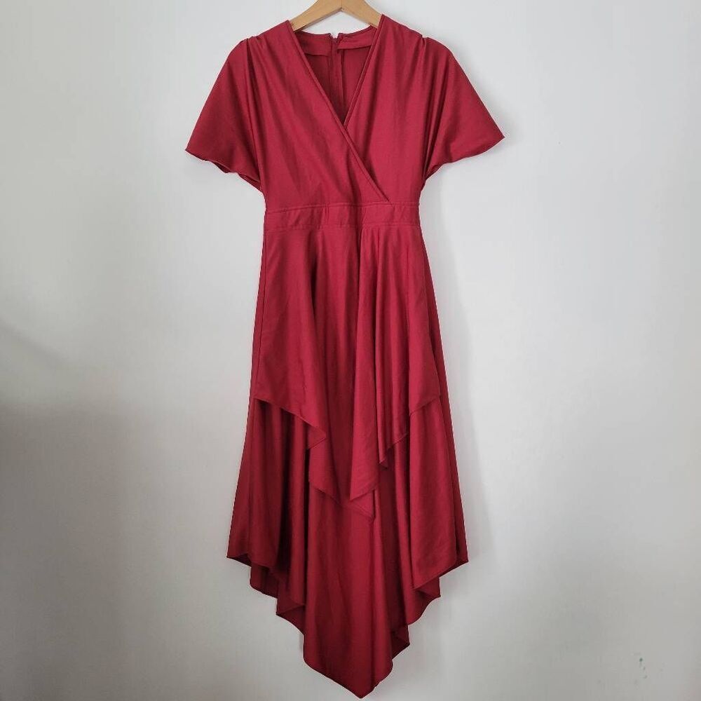 Handmade Burgundy Wrap Style Dress  Asymmetrical High Low Hem Vintage Inspired R